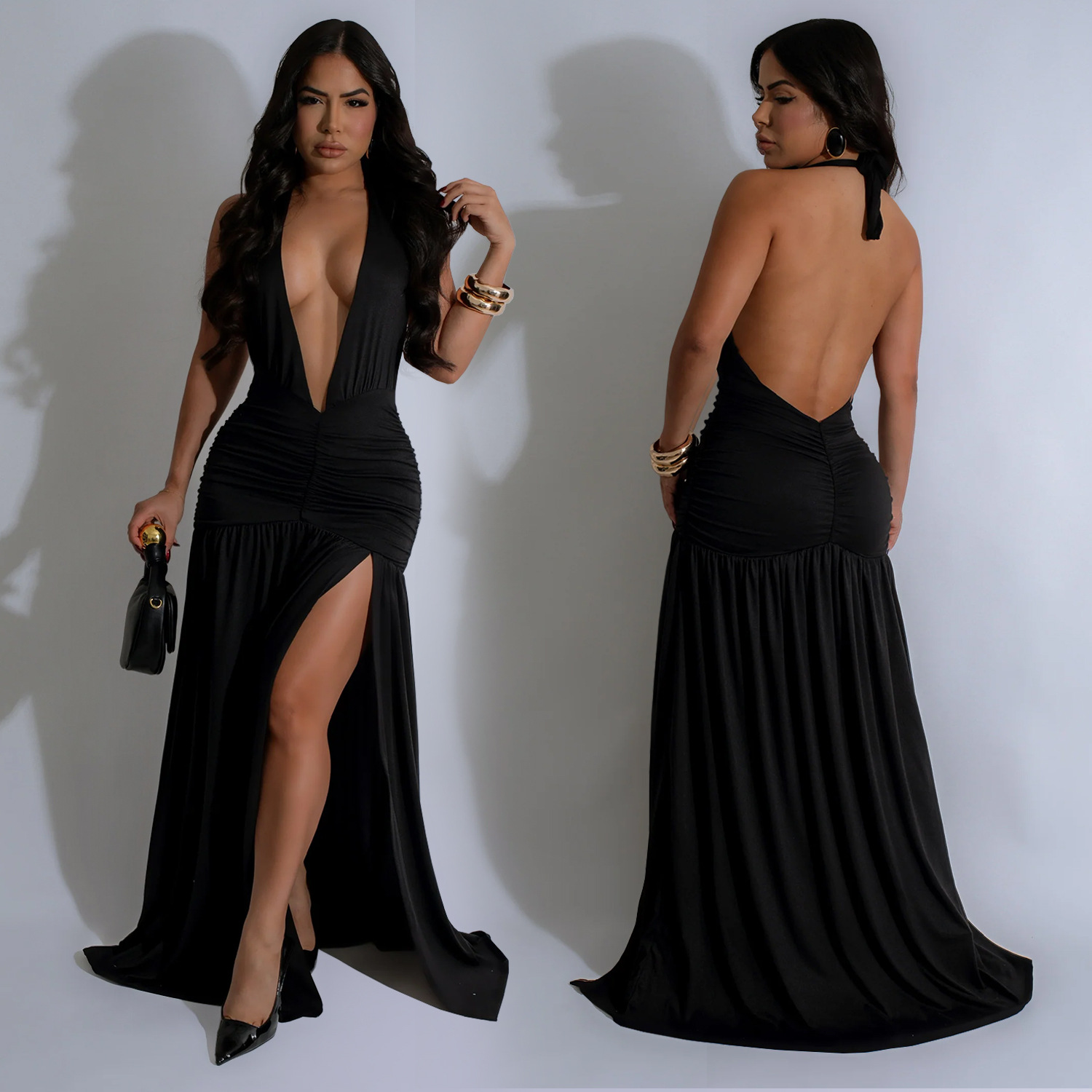 C7225 Aliexpress transfronterizo Amazon Europa y América moda femenina temperamento profundo sexy V bifurcado vestido de noche image 4