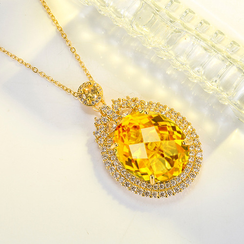 Live Broadcast Large Dove Egg Yolk Diamond Colored Treasure Pendant Palace Style Luxurious Zircon Full-Inlaid Oval Gemstone Necklace