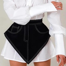 M23TP221欧美跨境女装秋季纯色假口袋高腰三角腰封牛仔半身裙批发