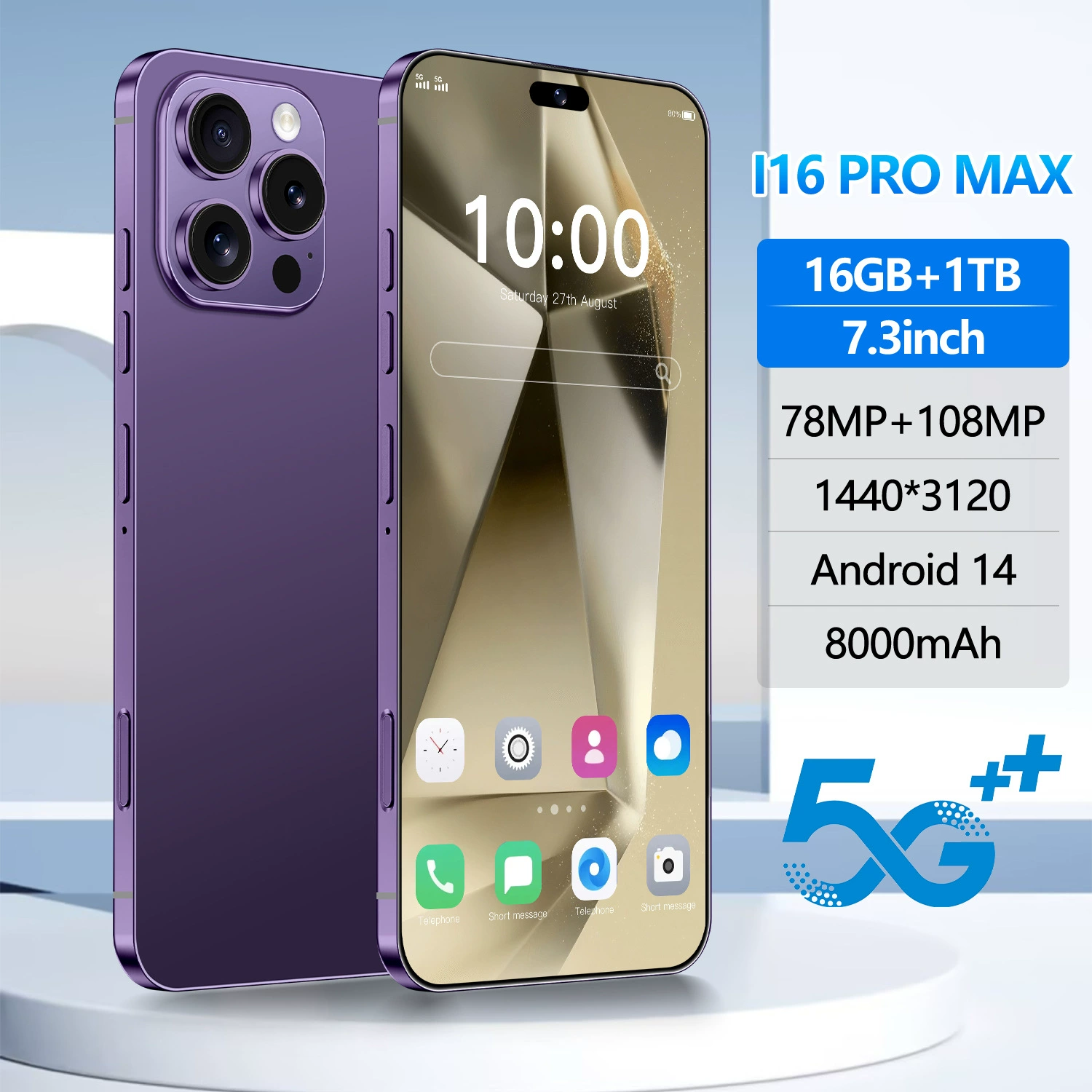 Smartphone i16pro max, 7.3‑inch large screen, Android 14, 4+128, octa‑core, 4G