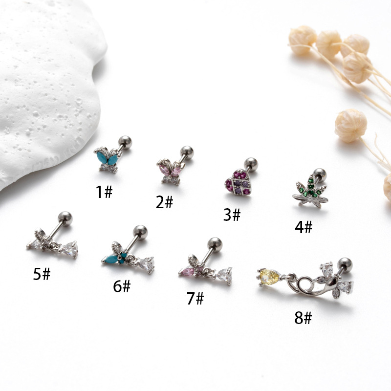 2PCS Henson's new 0.8 pole stainless steel double head screw earrings powder zirconium butterfly love fashion small fresh ear_voghion.com