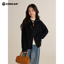 女童双头拉链高密针织衫2025秋装新款儿童洋气宽松外套休闲上衣潮