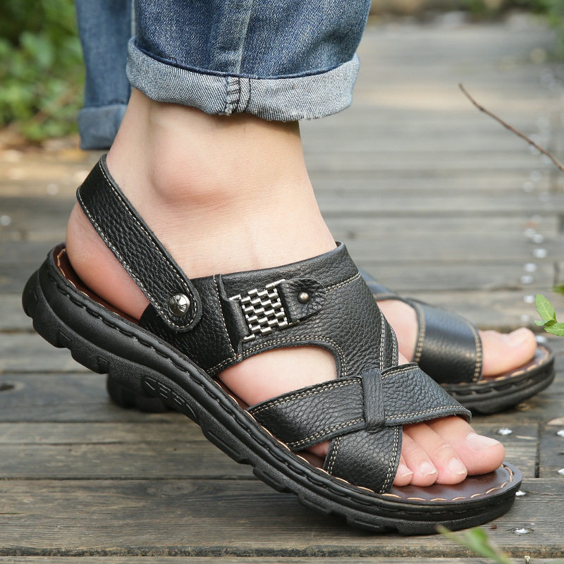 Dép sandal nam da bò lớp đầu hở ngón, dép đi biển da thật thoáng khí chống trượt size lớn — 10135 màu đen, 10888 màu đen, 12129 màu đen, 12129 vàng nâu