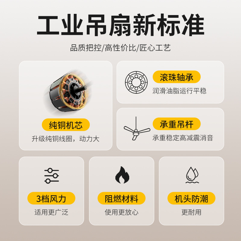 Fabricante de ventilador de techo doméstico de tres hojas 56 pulgadas 42 pulgadas sala de estar de cinco hojas gran ventilador comercial de taller ventilador de techo industrial