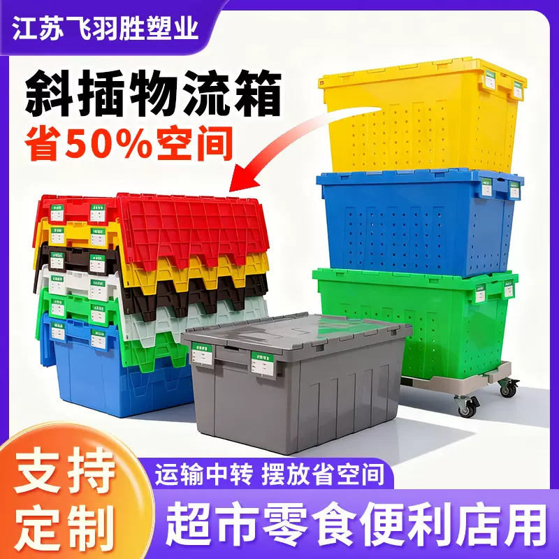 飞羽胜斜插式物流箱医疗运输商超便利店配送中转带翻盖塑料周转箱
