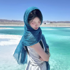 蓝色青海湖废土风棉麻围巾女薄款西北旅游文艺丝巾披肩纱巾民族风