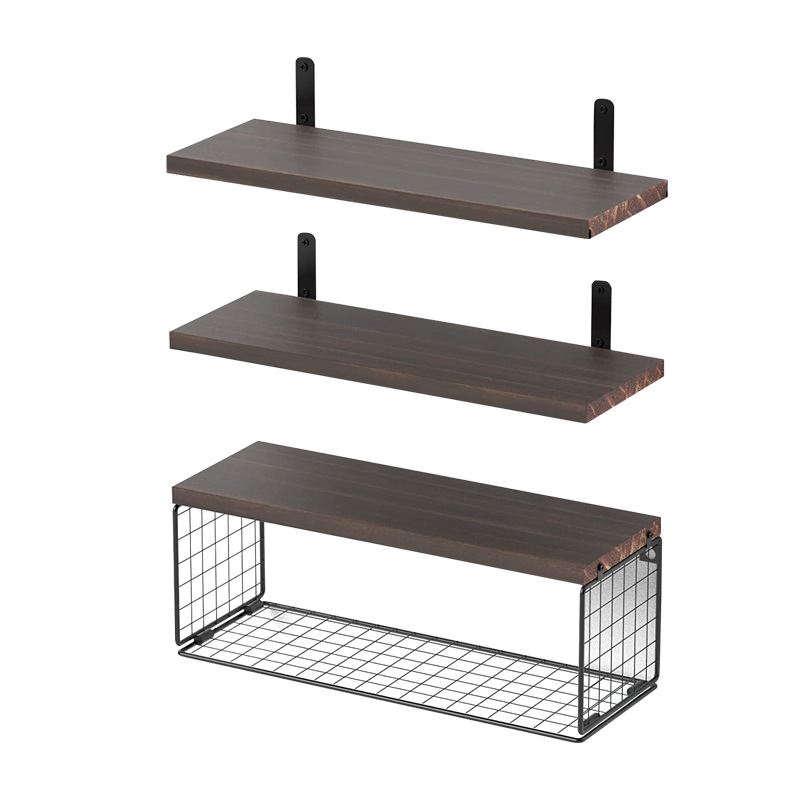 Wall mounted pine wood corner suspended shelf bedroom living room bathroom kitchen wall metal storage rack_voghion.com