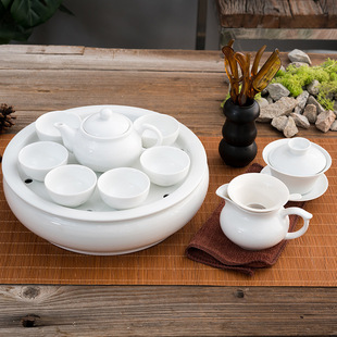 Tea Set Ceramic Household Pure White Kung Fu Set with Covered Bowl Teapot Round Tea Boat Water Storage Tea Tray Combination Wholesale