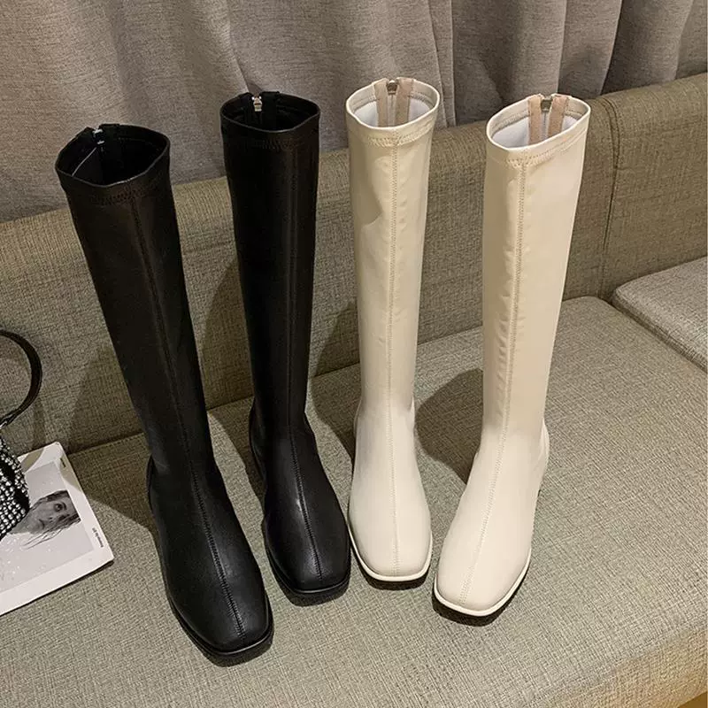 Женские высокие сапоги до колена, новинка осени-зимы 2025, на флисовой подкладке, на массивном квадратном каблуке, универсальные, из высококачественной кожи, модные, стройнящие.