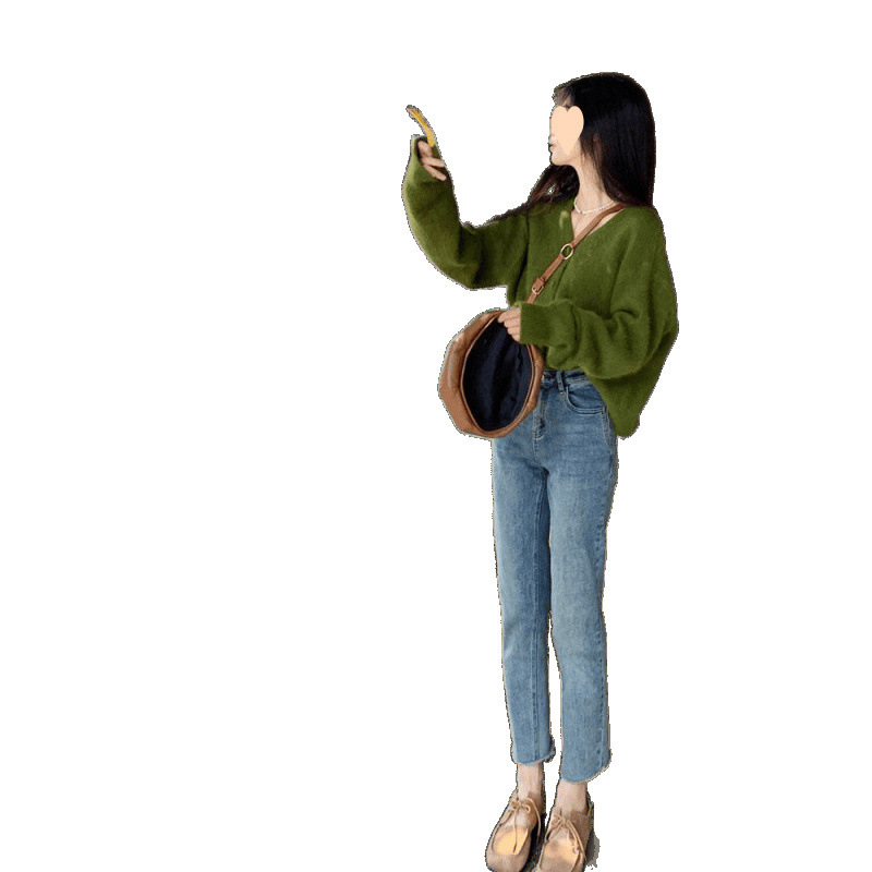 Avocado Green Knit Cardigan for Women - High-End, Relaxed Style, Outerwear Sweater Jacket with Soft Collar - Retro Top