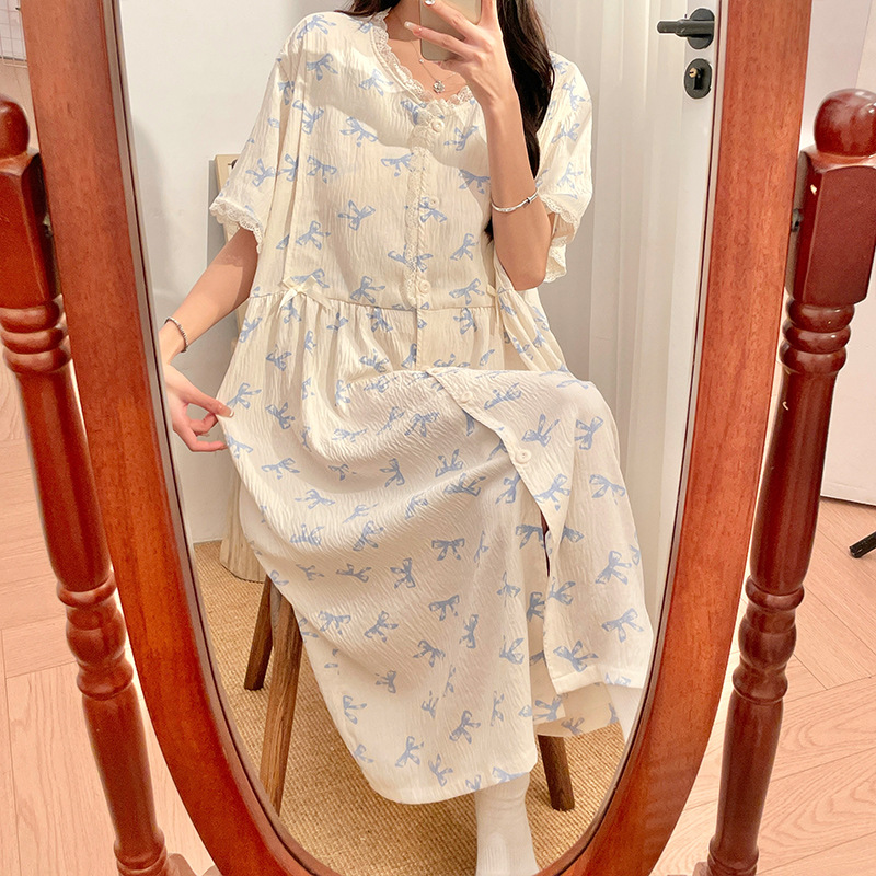 가슴 패드가 있는 반팔 잠옷, 여름용 얇은 구름 면 트리밍 라운드 넥 가디건, 임산부용 임산부 스커트, 수유복