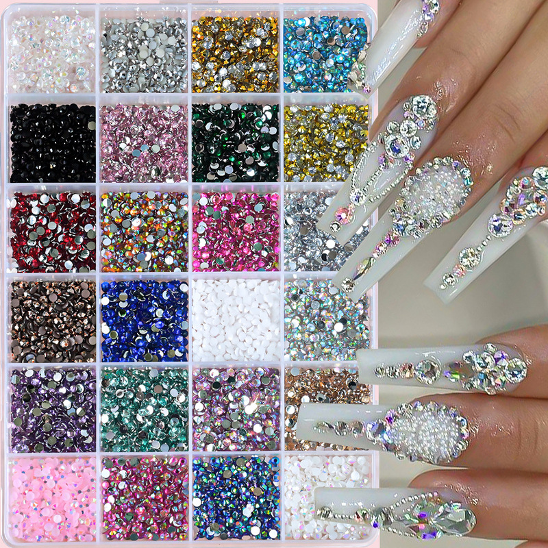 24-Grids Acrylic Mixed Resin Colorful Nail Art Flats-Bottomed Diamonds European and American Hot-Selling 3mm Flash Diamond Nail Jewelry Accessories