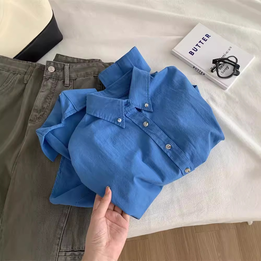 克莱因蓝灰常好看干枯玫瑰蓝色妖姬通勤休闲纯棉长袖衬衫女秋上衣