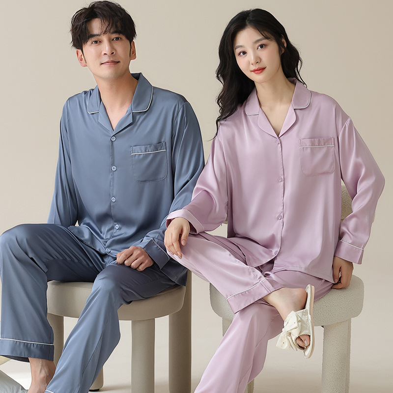 Pijamas de pareja de seda de hielo para mujer 2024 nuevo traje de ropa para el hogar de primavera y verano de hombre de seda de simulación fresca de manga larga de otoño