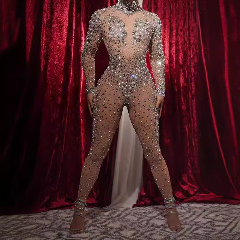 Novance rhinestone perla rendimiento actividad jumpsuit nuevo mono mujeres Club party bar image 4