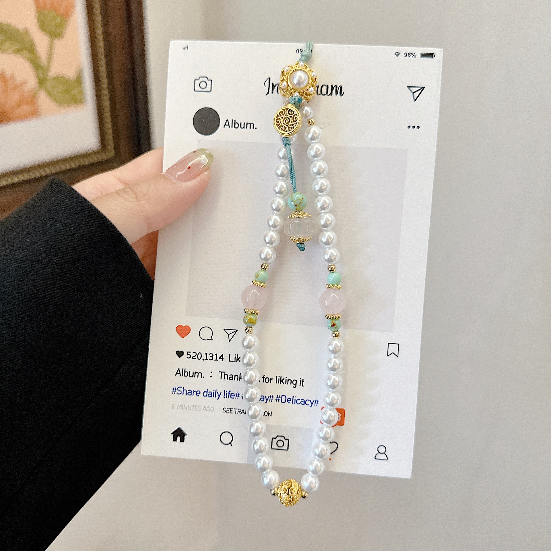 Cadena de teléfono móvil de alta gama hecha a mano boutique, piedra de ágata natural cloisonné, cordón de teléfono móvil de moda, colgante de cadena corta