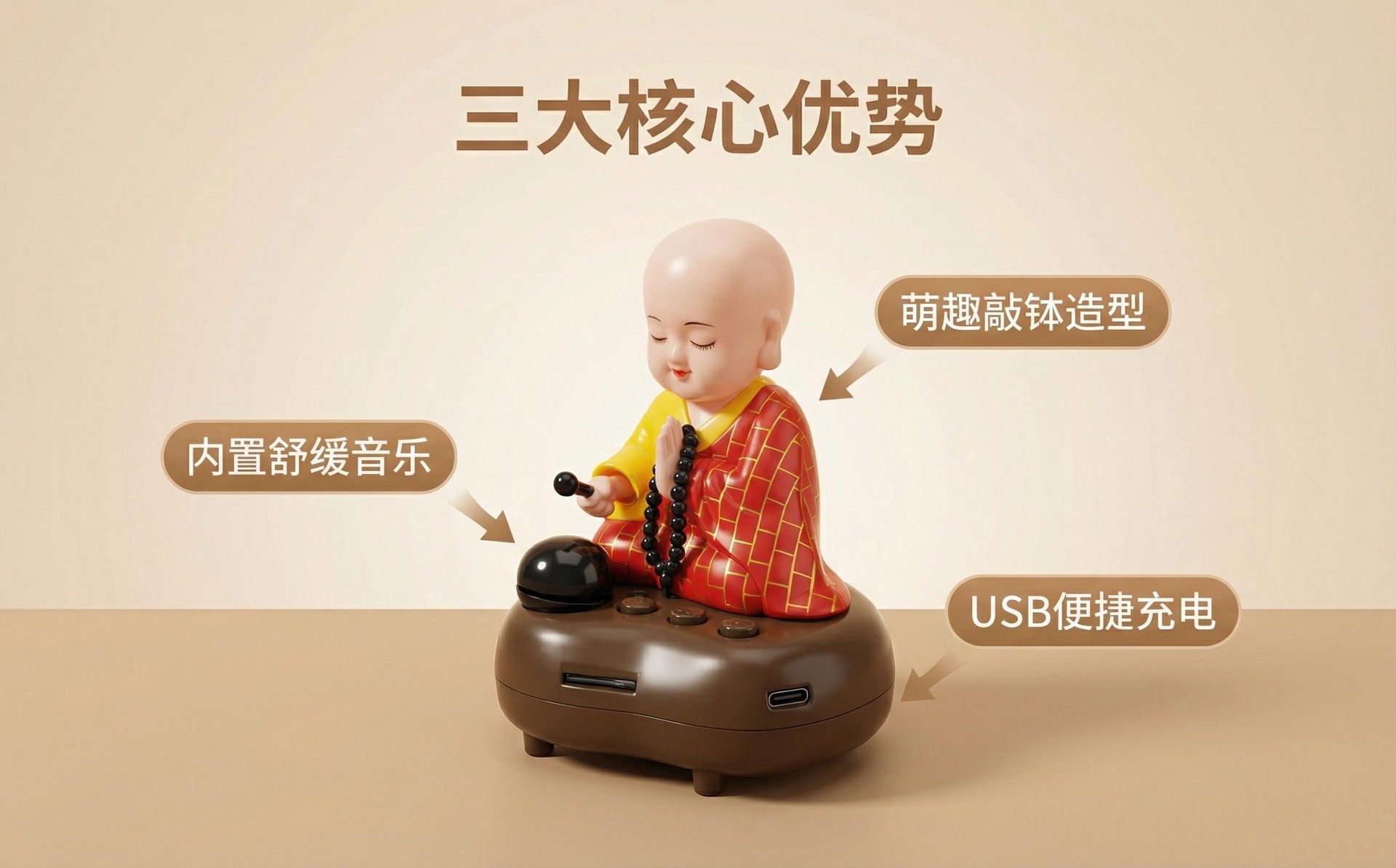 Musical little monk nodding and tapping on a wooden fish, car dashboard ornament, interior home decoration figurine, premium accessory