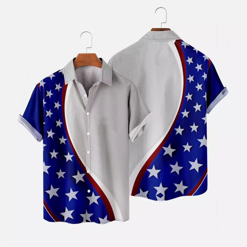 Cross Border US Independence Day Flag Shirt Men's Summer Casual plus size 3D Digital Print Short Sleeve Casual Shirt