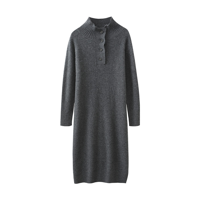 ウールワンピース レディース ロング丈 ゆったり カジュアル 体型カバー ニットワンピース 厚手 ハーフオープンカラー ボタン付き ロングワンピース