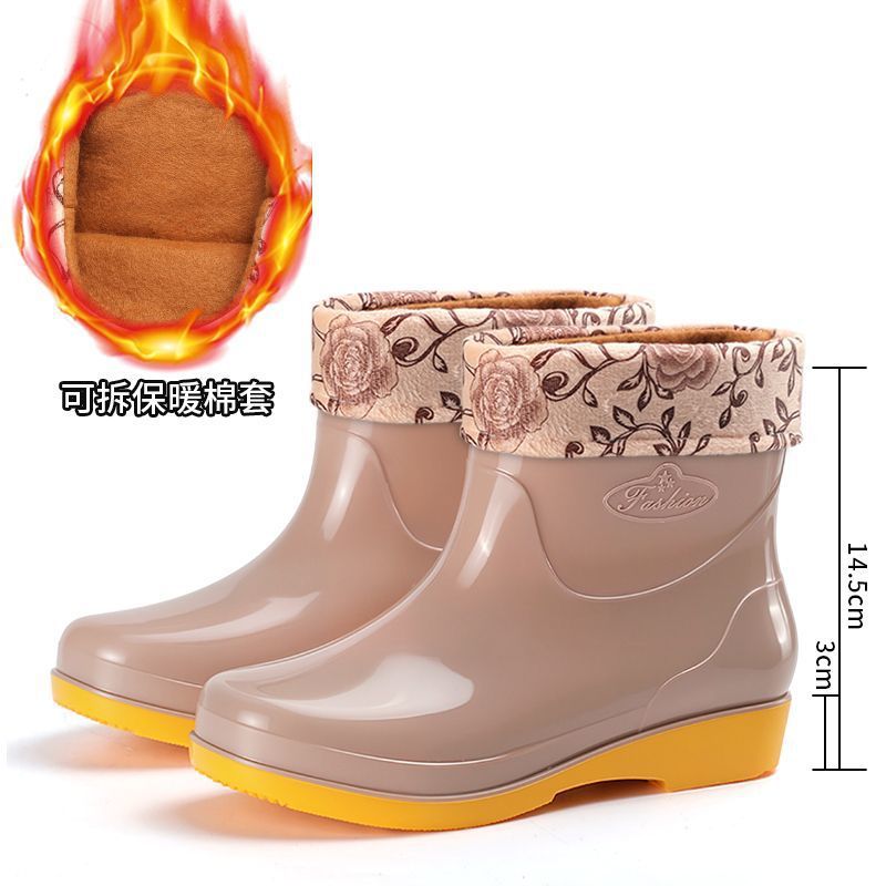 Cuatro estaciones zapatos de lluvia de cañón corto para mujeres zapatos de lluvia calientes para adultos con veludo impermeable antiderrapante cocina de moda zapatos de agua botas de agua al por mayor image 11