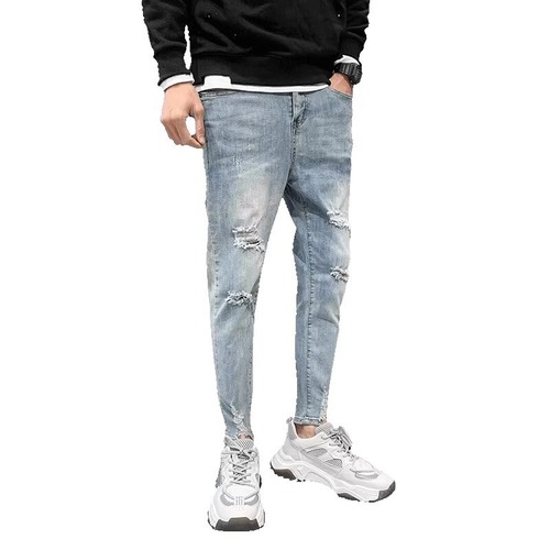 Selected Holey Jeans for Men - Rugged Style Summer Thin Version Streetwear Korean Version Nine-Eighth Body-Fitting Slim Pants