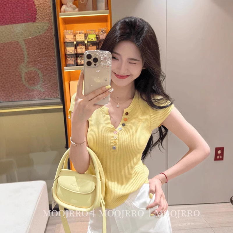 Yellow V-neck short-sleeved sweater women's summer pure temperament pure waist pinch thin short top