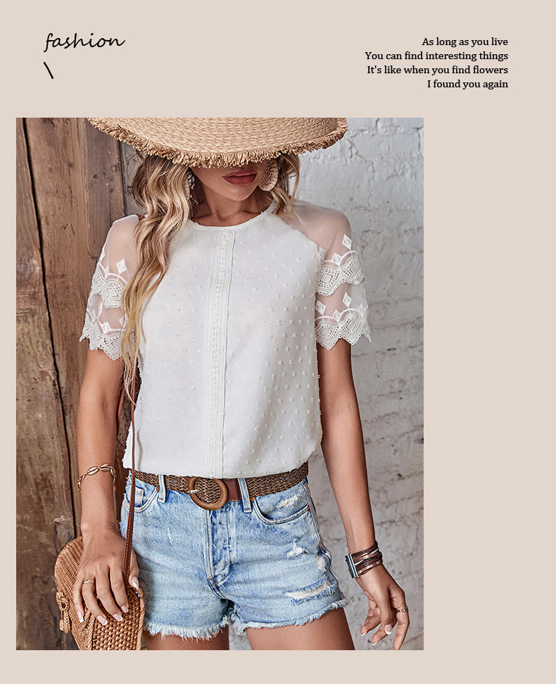 Kurzärmliges, durchsichtiges Design-Hemd mit Spitzenspleißung_voghion.com