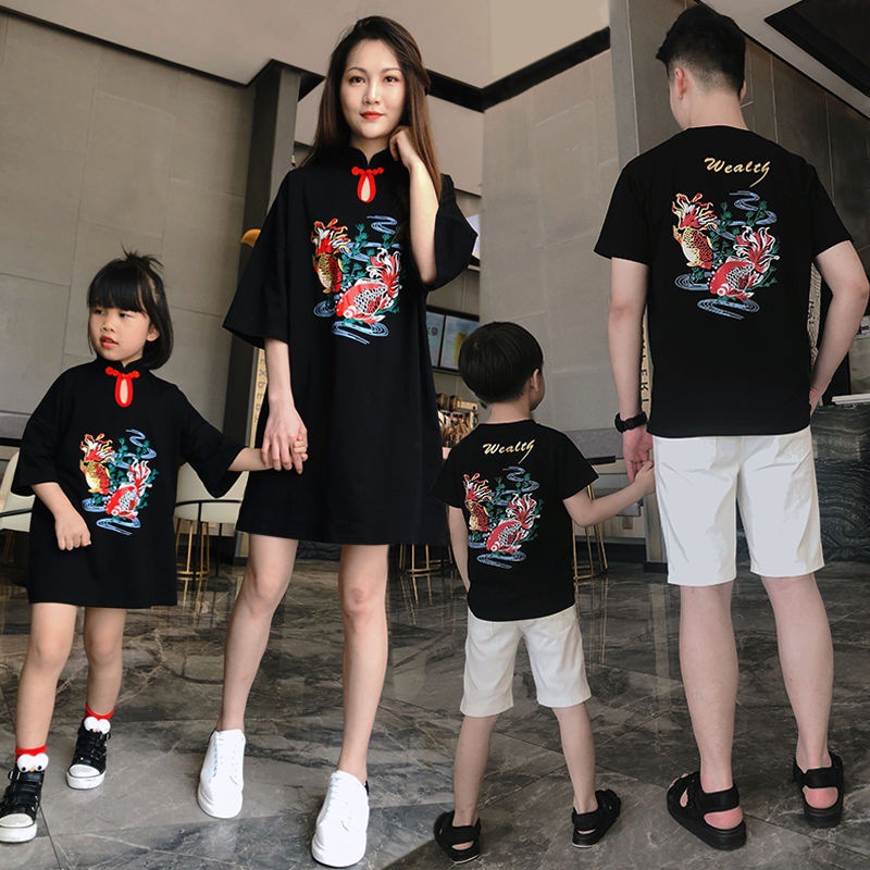 With children A Three Four Whole family Chinese style Mother and daughter fashion cheongsam High-end Dress T-shirt