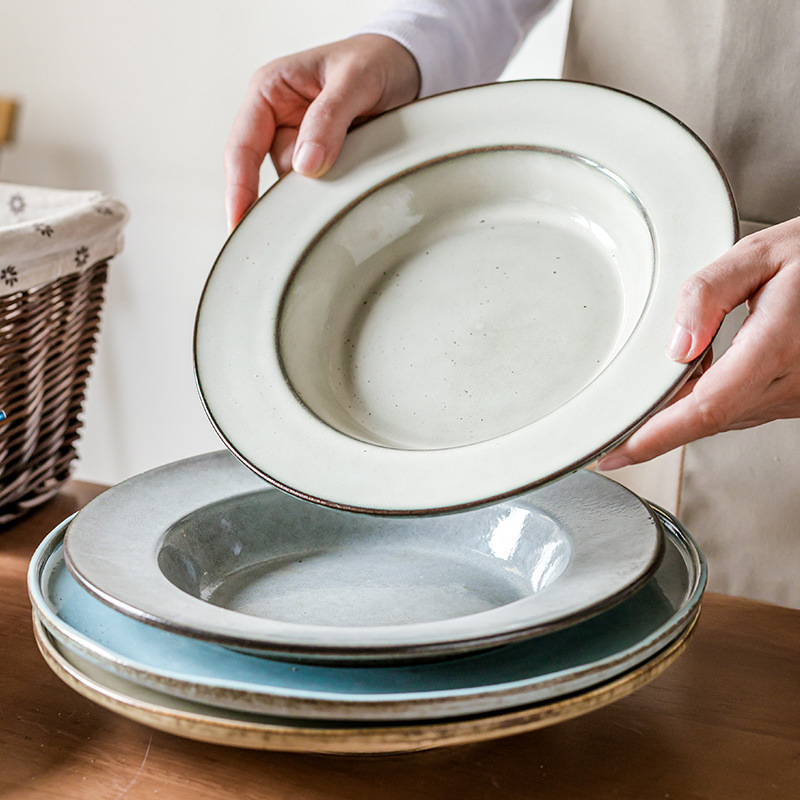 Sombrero de paja, cuencos y platos, colección grande, cerámica retro japonesa, postres occidentales, platos de sopa, bandejas de casa de familia, platos de ensalada al por mayor