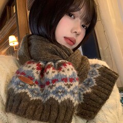 フェア島カレー色のニットマフラー女性2024年冬韓国系雰囲気感保温百合学生首保護マフラー