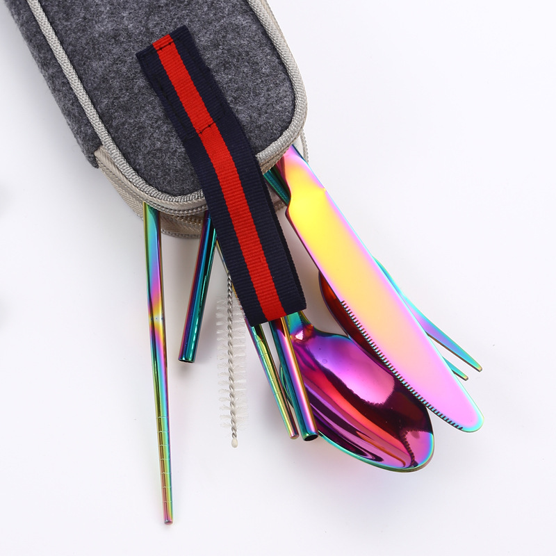 Amazon producto caliente de acero inoxidable vajilla paja traje 1010 cuchillo de comida occidental, tenedor y cuchara de paja portátil de 7 piezas conjunto