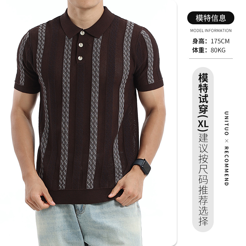 Europa y América hombre hielo de punto camiseta polo de manga corta Jacquard rayas con cuello superior de negocios casual hombre
