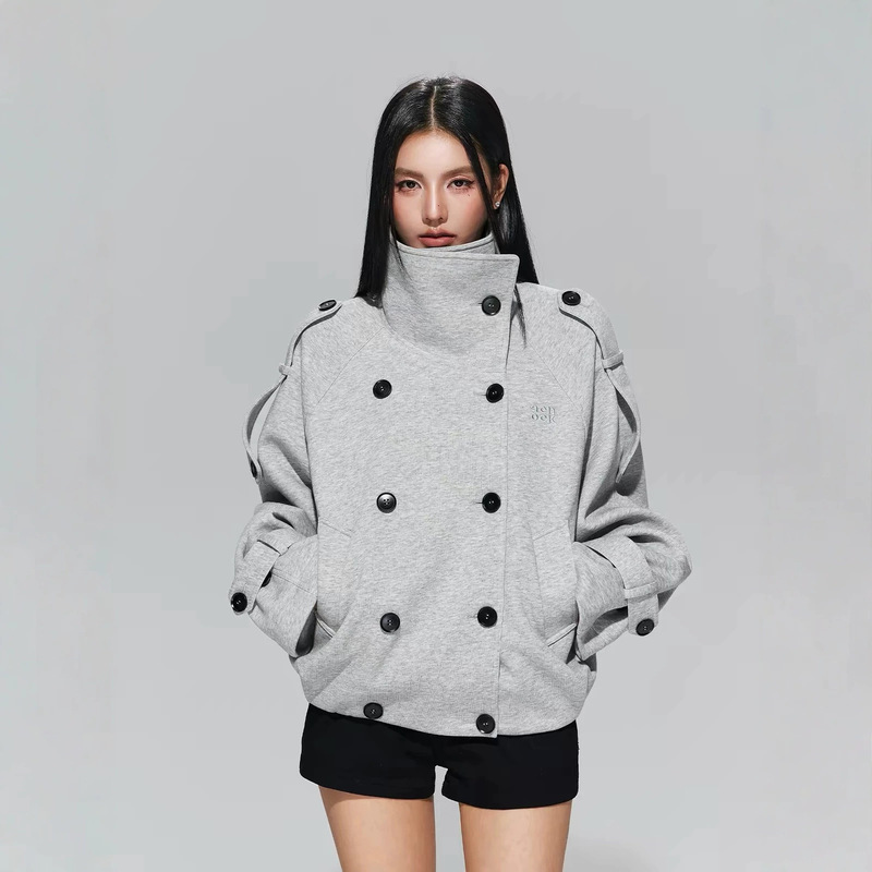 【Achock Official Store】Korean-style double-breasted stand-up collar jacket with functional shoulder straps, multiple wearing styles, autumn jacket