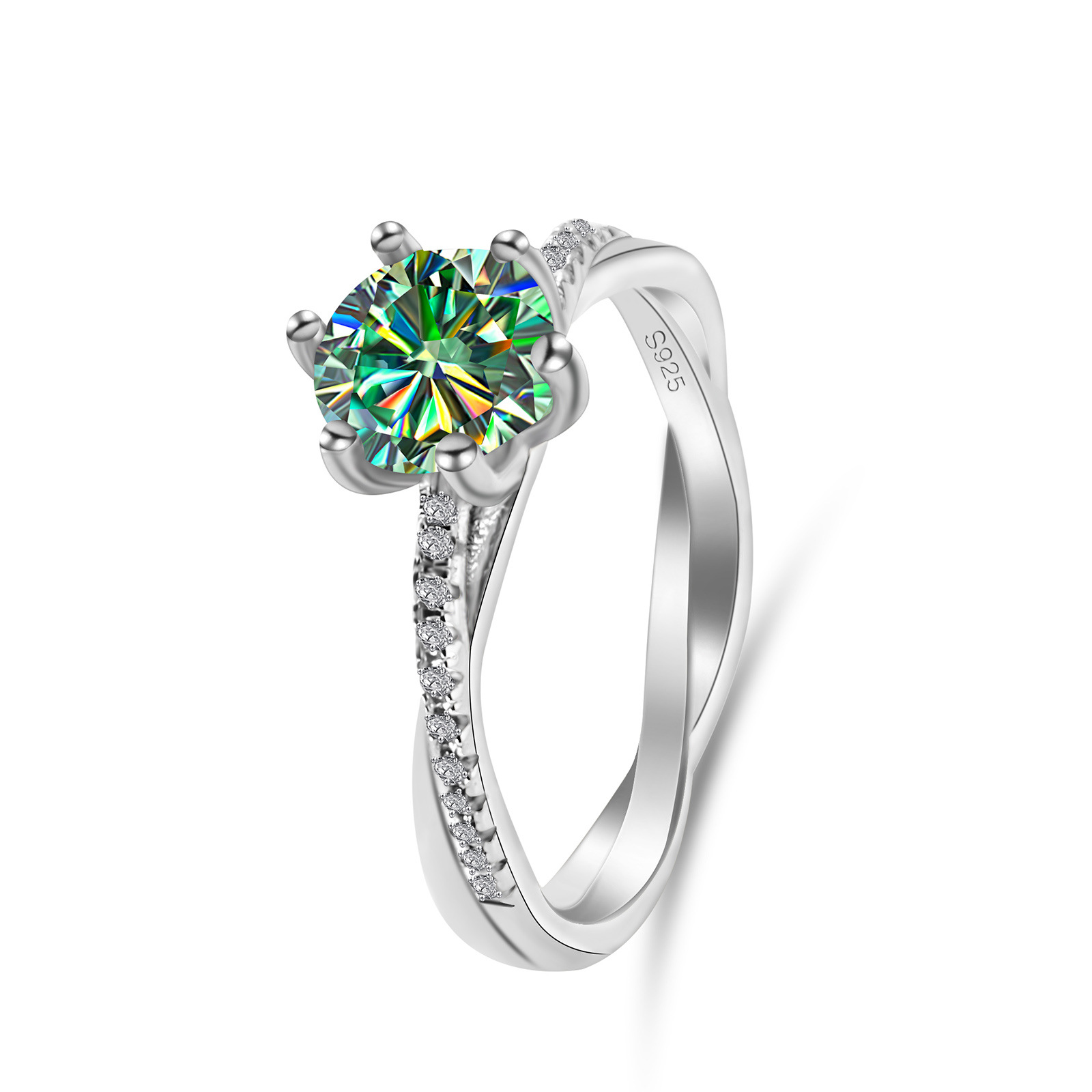 Multicolor Moissanite brazo de torsión clásico de seis garras con anillo de boda de plata de 925 1 quilates PT950 platino mujer