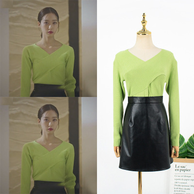 Top floor 2 Xijing Same item green Self cultivation Show thin sweater design Frenum knitting jacket skirt suit