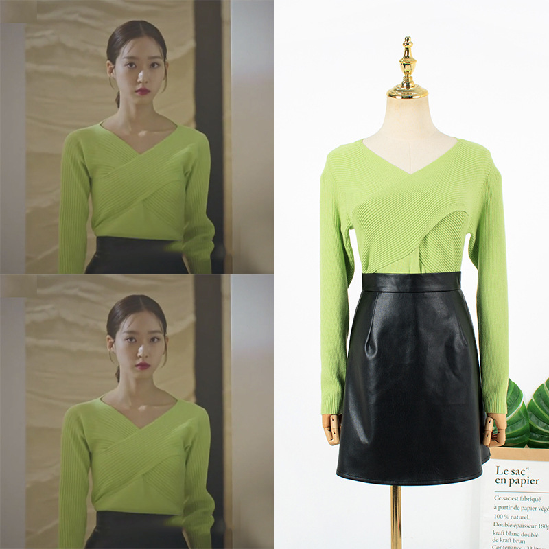 顶楼2锡京同款绿色V领修身显瘦毛衣设计感系带针织上衣半身裙套装|ms