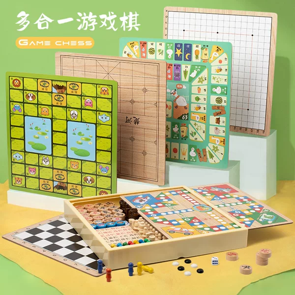 Children's Wooden Checkers Flying Chess Gobang Colosseum Chess Multifunction Chess Educational Toys for Primary School Students