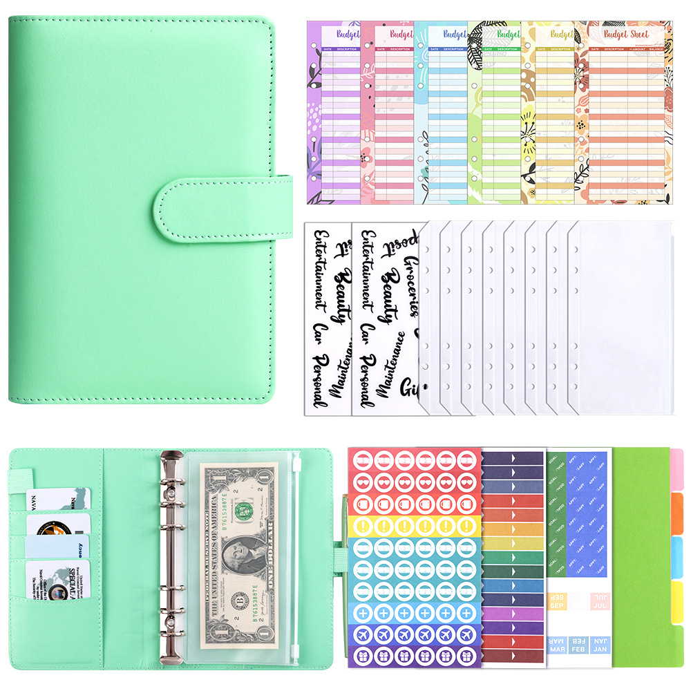 Presupuesto transfronterizo Cash Clip de hojas sueltas Bolsa con cremallera Sobres Libro de cuentas A6 Macarons PU Cuaderno de hojas sueltas de cuero