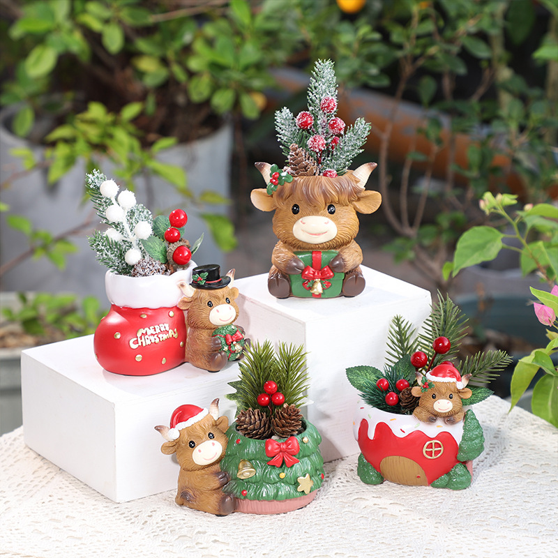 Chậu Cây Resin Chậu cây mọng nước hình bò Highland Giáng Sinh resin, chậu mini phong cách Bắc Âu, trang trí sân vườn (RG-204)