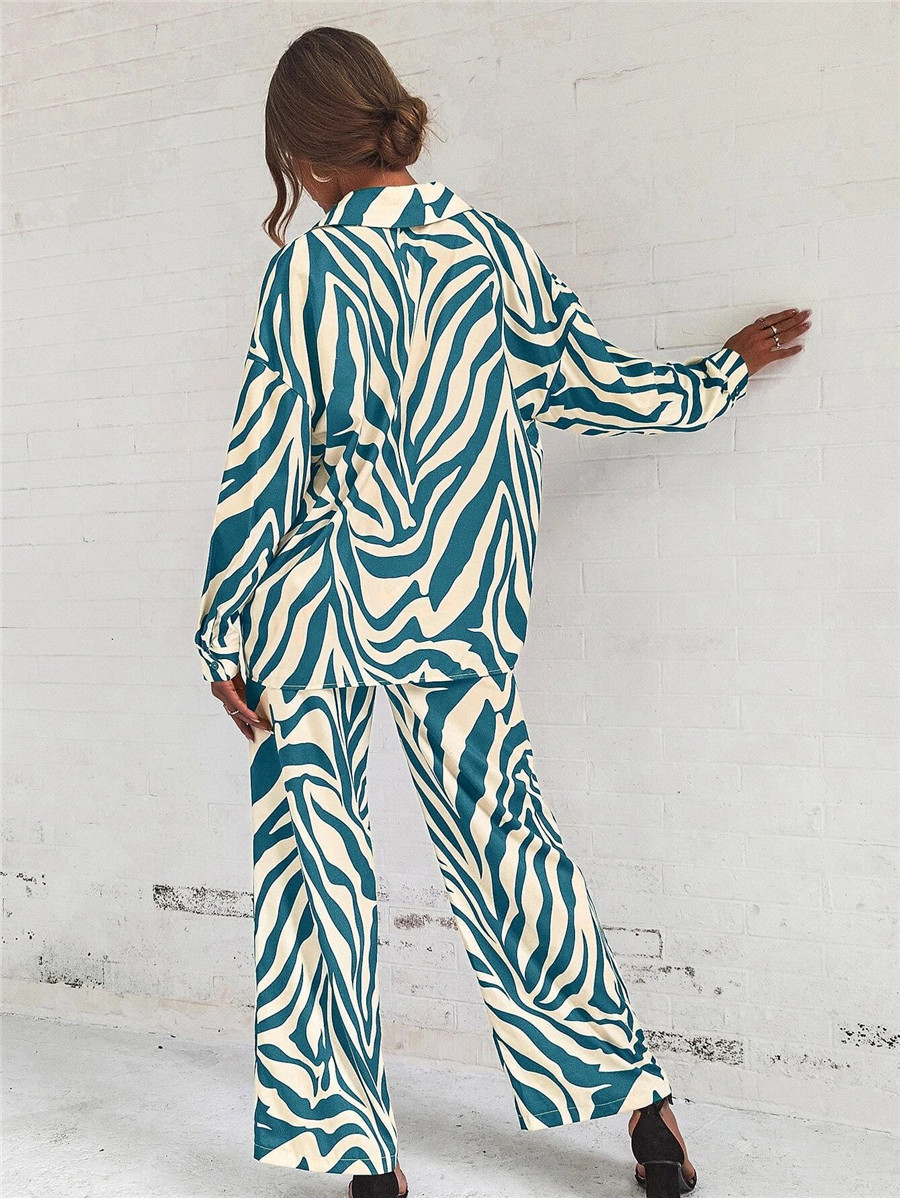 2 Piece Set Quantity Daily Occasion Turndown Neckline Daily Women'S Casual Streetwear Stripe Polyester Printing Pant Co-ord Set Pants Sets