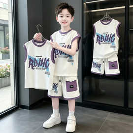 男童夏季运动套装2026新款男孩印花无袖背心休闲短裤篮球服两件套