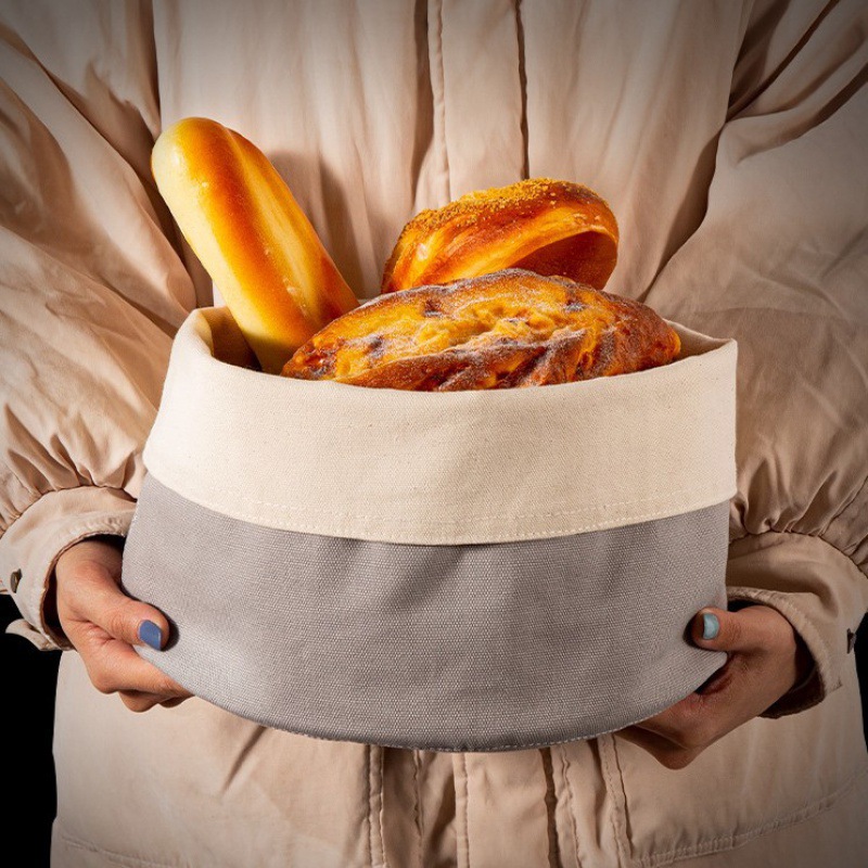 跨境拼色帆布面包袋 食品级可重复使用环保收纳棉布篮 全棉无染色