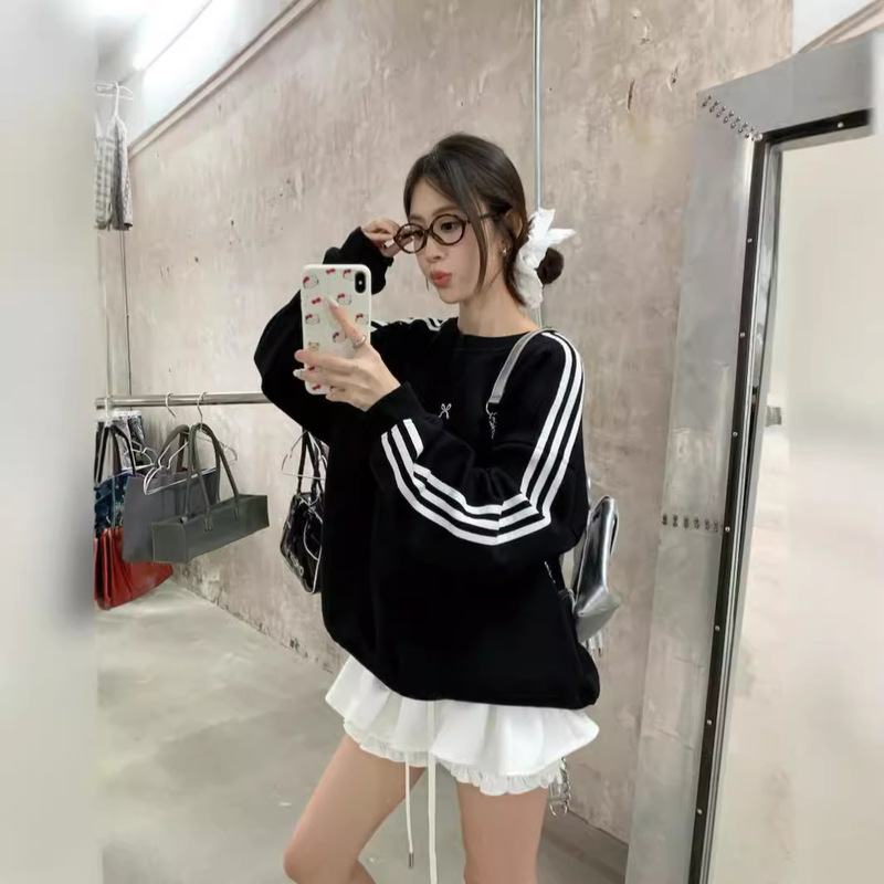 Three Bars Bow Black Sweater Women's 2024 Autumn Loose Slim Korean Style Top Jacket