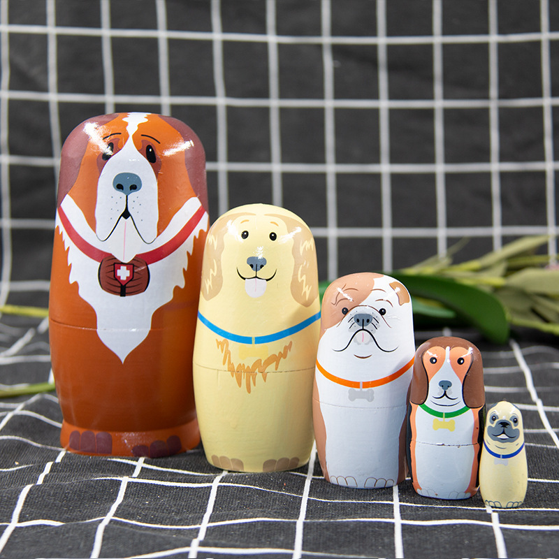Manufacturer Wholesale Russian Matryoshka Doll Five-Layer Dog Bear 5-Layer Animal Dog Wooden Crafts Ornaments Toys Gifts