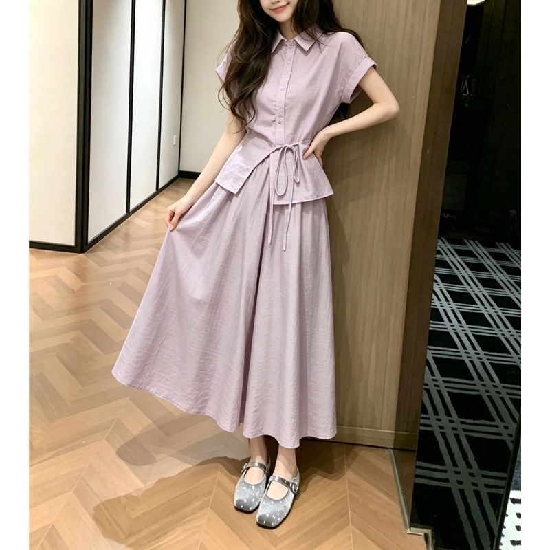 Lightly Mature and Elegant Style Purple Waist-Cinching Shirt and Skirt Two-Piece Set for Women, Summer Slimming and Age-Reducing Outfit for Petite Figures
