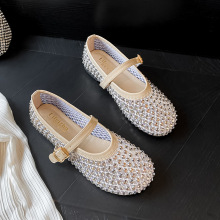 2025夏新款小众芭蕾鞋网纱水钻透气一字扣平底玛丽珍鞋女浅口单鞋
