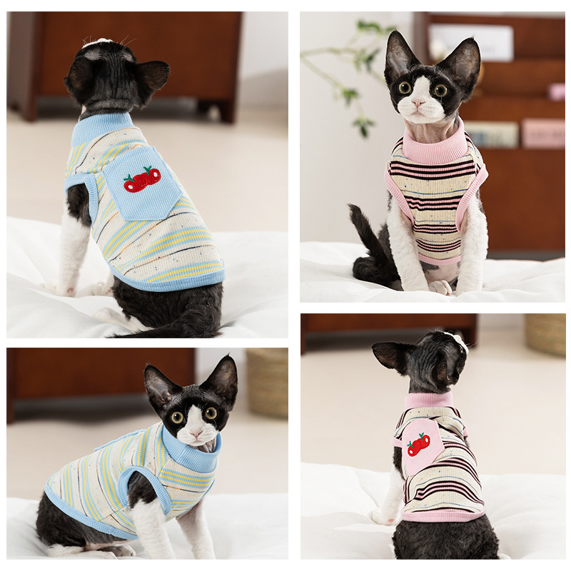 Gato primavera verano transpirable fino cereza bordado color puntito chaleco a rayas perro Teddy Bichon ropa de gato mascota
