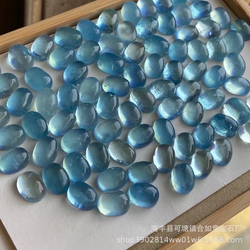 Natural aquamarine oval ring surface bare stone crystal transparent color bright DIY inlaid stone aquamarine ring surface