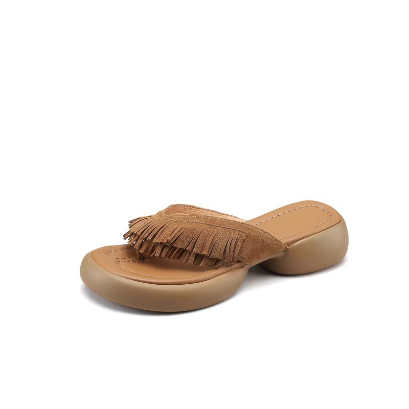Modische Oberbekleidung, römische Hausschuhe mit dicken Sohlen, gefrostetes weiches Leder, Flip-Flop, Retro-Sandalen für Damen, dicke Plateau-Quastensandalen_voghion.com