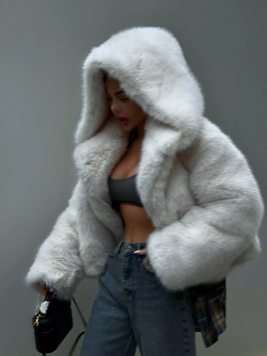 Amazon European and American Cross-Border Hot Girl Faux Fur Coat Short Style Women's Warm Fox Fur Hooded Jacket Fur Coat